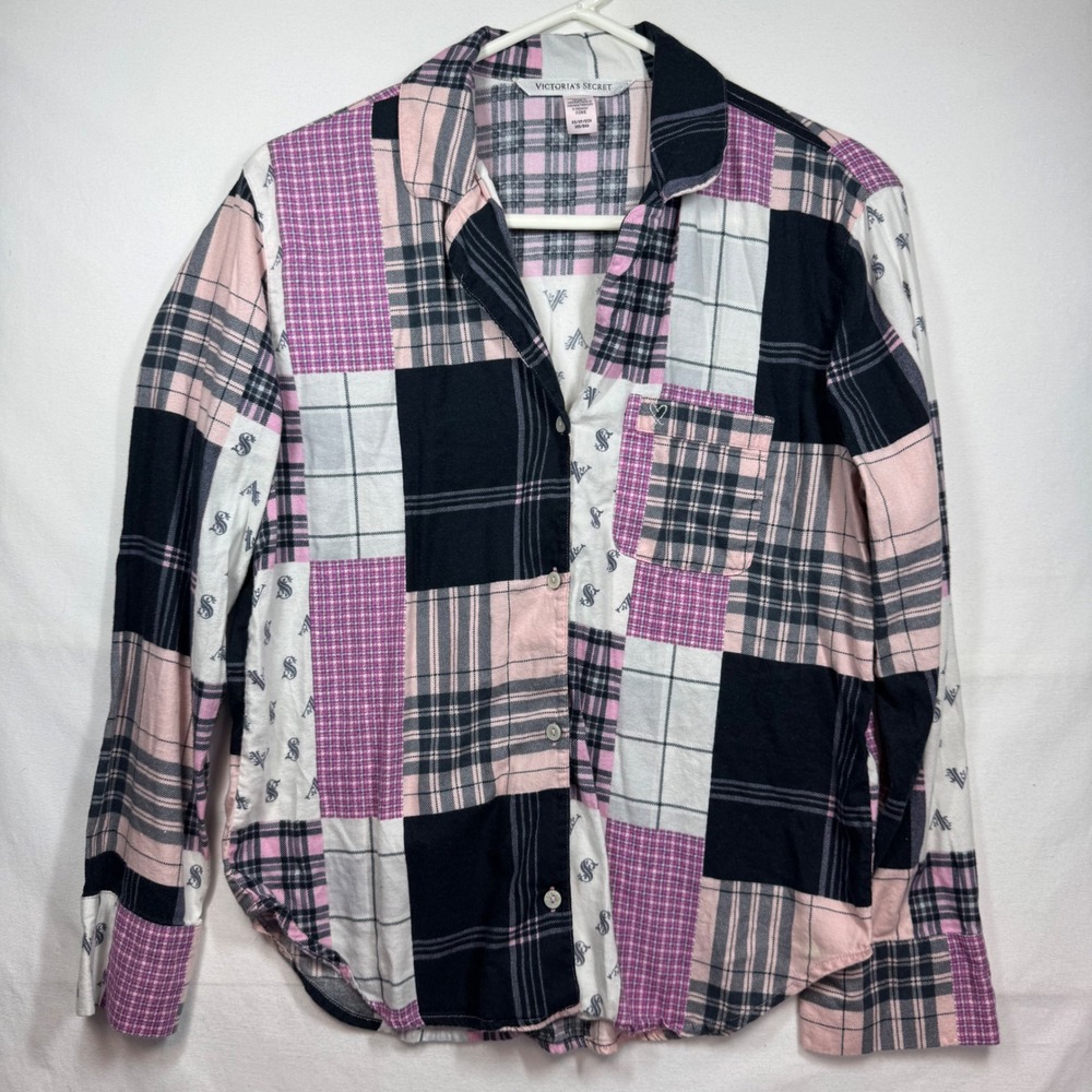 Victoria's Secret Patchwork Plaid Pajama Top‎ Shirt Women's XS Pink Black White